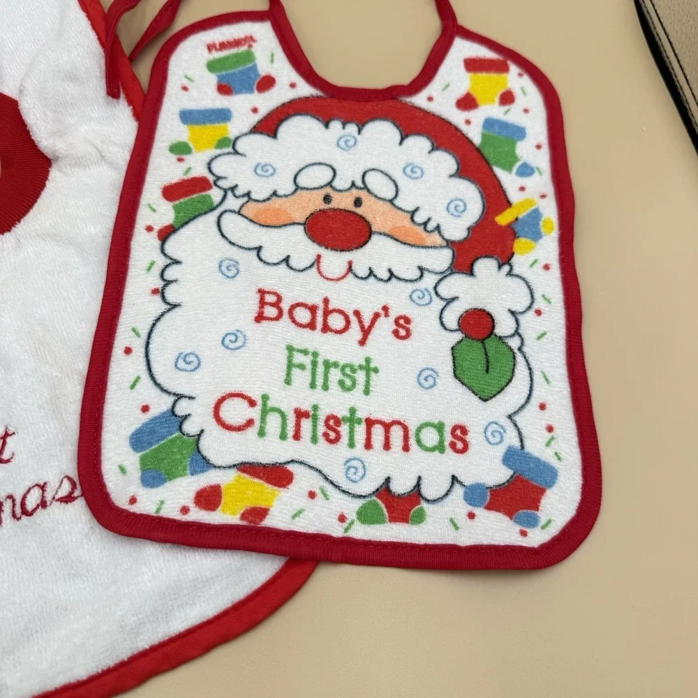 Vintage My First Christmas Baby Feeding Bib Lot Of 2 Santa USA Made 1980s